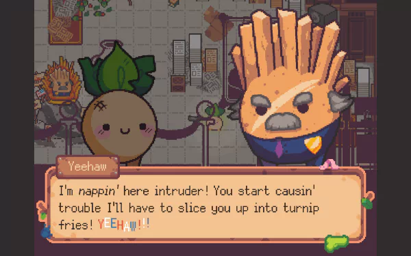 HD wallpaper featuring characters from the video game 'Turnip Boy Robs a Bank' with quirky in-game dialog.