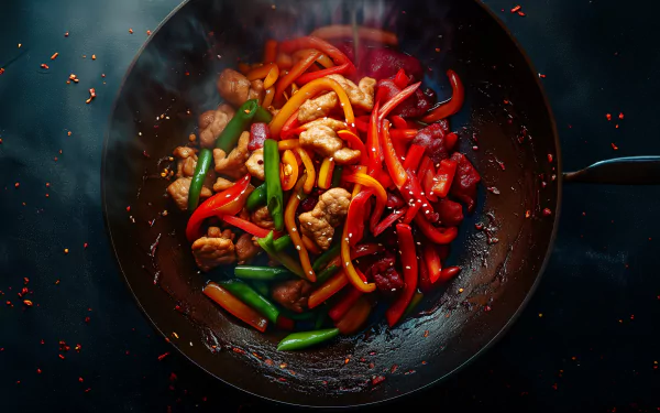 A vibrant stir-fry featuring colorful bell peppers and chicken, captured in HD. The smoky, dynamic scene makes an enticing desktop wallpaper and background.