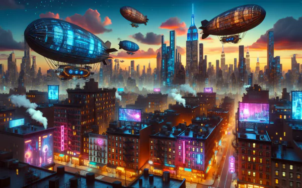 Futuristic city skyline with airships at sunset HD wallpaper and desktop background.