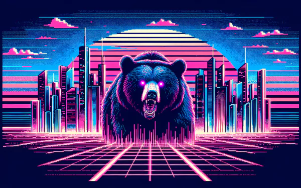 HD desktop wallpaper featuring a stylized black bear with glowing eyes against a retro-futuristic cityscape and geometric shapes in a neon color palette.