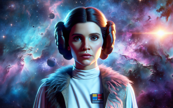 HD wallpaper featuring a detailed portrayal of Leia Organa with a vibrant cosmic background perfect for desktops.