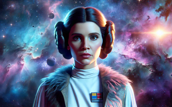HD wallpaper featuring Princess Leia Organa against a vibrant cosmic background, showcasing her iconic hairstyle and attire. A striking blend of science fiction and artistry.