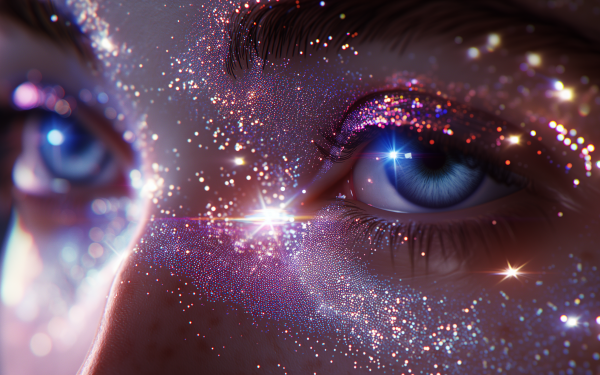 Close-up of a woman's face focusing on her eye adorned with glitter, suitable for high-definition desktop wallpaper and background.