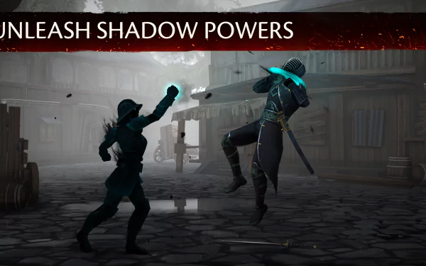 HD desktop wallpaper featuring two fighters from the video game Shadow Fight 3 engaged in combat, with text UNLEASH SHADOW POWERS.