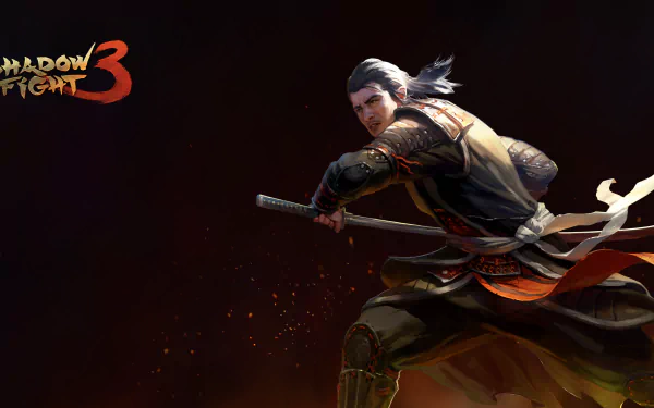 HD desktop wallpaper featuring a dynamic character from the video game Shadow Fight 3, poised for combat with a sword in hand.