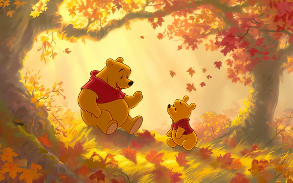 A vibrant HD desktop wallpaper featuring Winnie the Pooh and Piglet amidst an autumn scene, with golden leaves falling in a warm, whimsical forest setting.