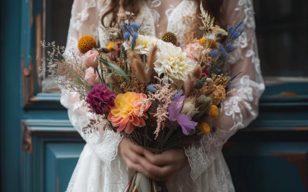 HD desktop wallpaper featuring a person holding a vibrant wedding bouquet against a blue door background.