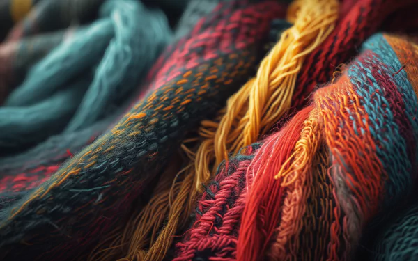 A close-up view of vibrant, textured fabric showcasing rich colors like red, orange, and teal, making it an engaging HD desktop wallpaper and background.