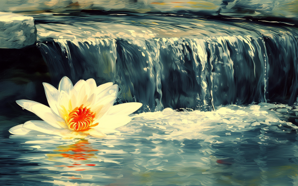 HD desktop wallpaper featuring a serene waterfall with a vibrant water lily in the foreground—perfect as a calming background theme.