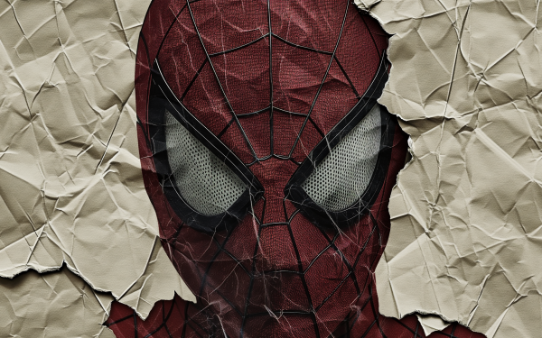 HD Spider-Man desktop wallpaper showcasing a close-up of Spider-Man's mask with a textured crumpled paper background.