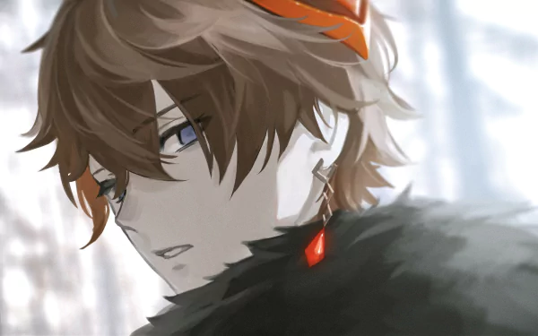 HD PC desktop wallpaper featuring Tartaglia Childe from Genshin Impact with detailed shading and a soft, blurred background.