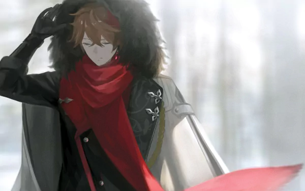 Tartaglia Childe from Genshin Impact stands with eyes closed, wearing a fur-lined coat and red scarf in this HD PC desktop wallpaper.