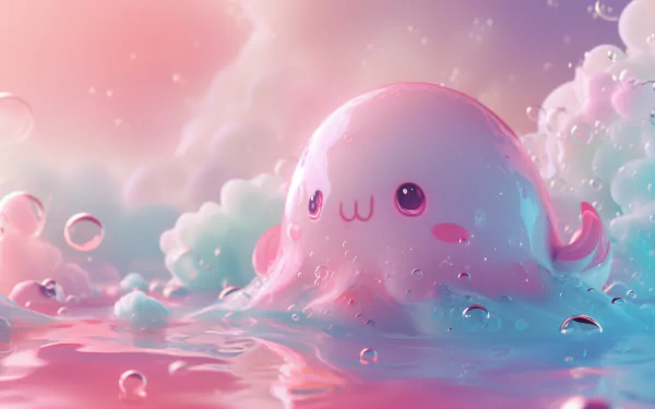 Cute kawaii style octopus character in a pastel-colored underwater scene, perfect for HD desktop wallpaper and background.