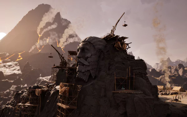 HD desktop wallpaper of Avowed video game featuring a mountainous landscape with a rocky structure resembling a face and fortifications.