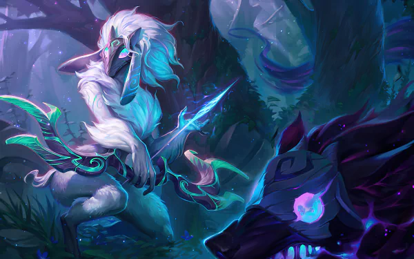 A stunning HD wallpaper featuring Kindred from League of Legends, showcasing the character in a mystical forest with vibrant colors and dynamic details.