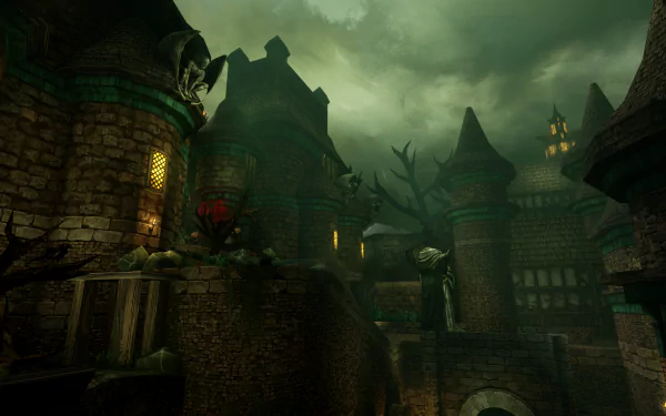 HD wallpaper of a mysterious medieval castle at dusk from the video game Graven, showcasing atmospheric lighting and gothic architecture.