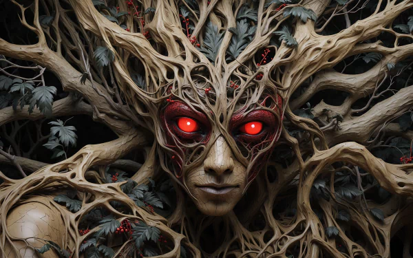 HD PC desktop wallpaper featuring a terrifying forest monster with glowing red eyes, entwined in twisted tree branches and eerie flowers.