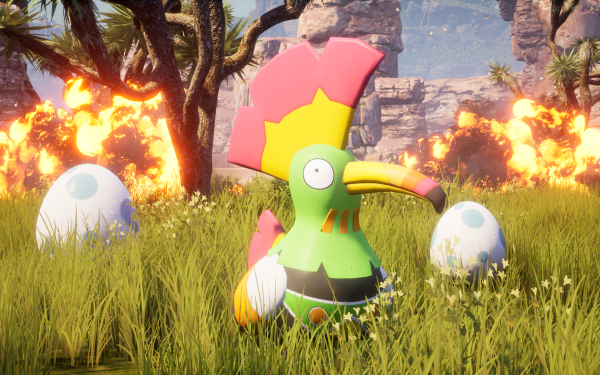 HD Palworld game wallpaper featuring a colorful creature in a grassy field with eggs and fiery explosions in the background.