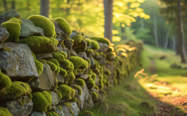 Vibrant green moss covering a stone wall in a sunlit forest, perfect as an HD desktop wallpaper with natural moss wall theme.