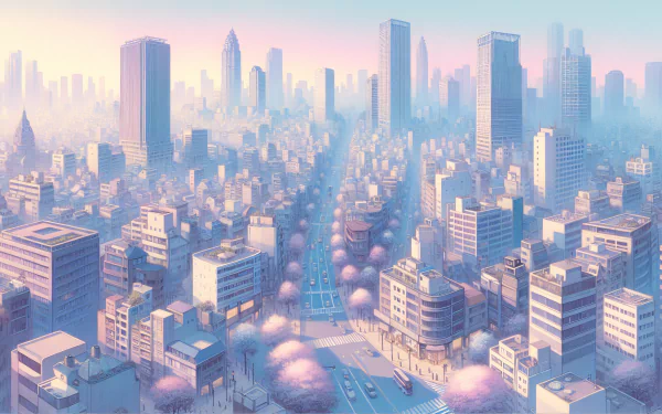 HD wallpaper of a stylized downtown cityscape with pastel colors for desktop background.