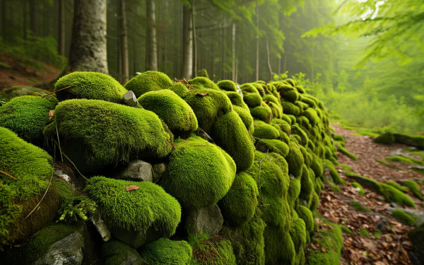 Lush green moss-covered stones forming a natural wall in a serene forest, perfect as a vibrant HD desktop wallpaper and background.