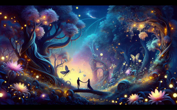 Enchanting HD wallpaper depicting a soulmate-themed fantasy forest with vivid colors, magical creatures, and a couple holding hands under a starry sky.