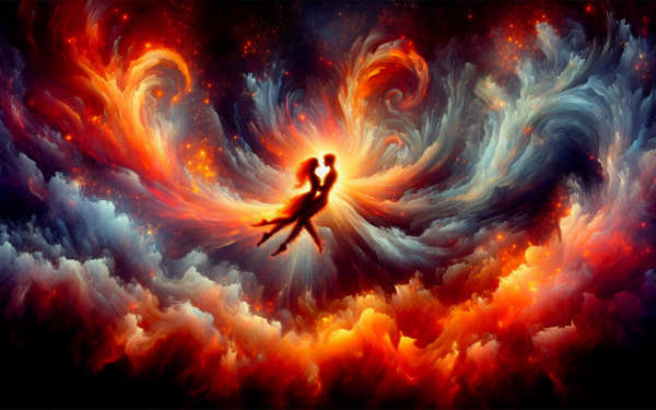 Romantic silhouette of a couple embracing in a cosmic dance amidst swirling nebulas and fiery colors, HD wallpaper and background.