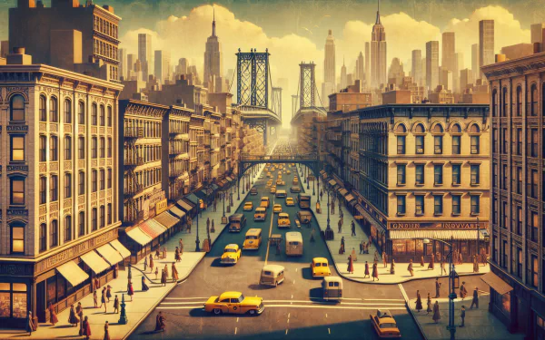 HD desktop wallpaper of an artistic representation of New York City street with iconic yellow cabs and skyline in vintage style.