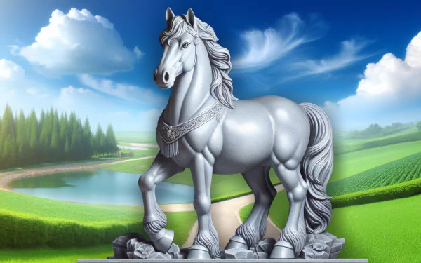 HD desktop wallpaper featuring a majestic mare statue set against a picturesque countryside background.