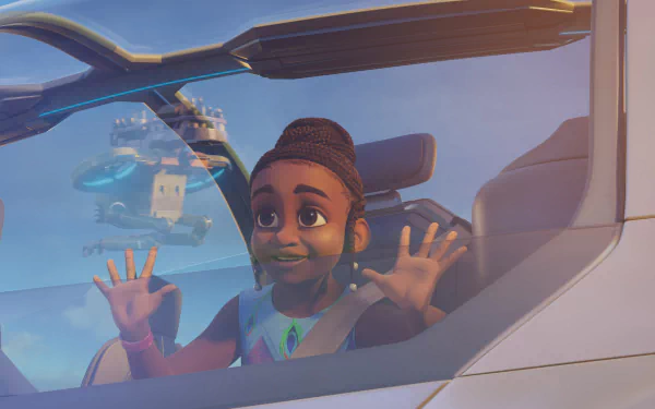 Animated character from Iwájú TV show excitedly looking out of a futuristic vehicle with a cityscape in the background - HD wallpaper.