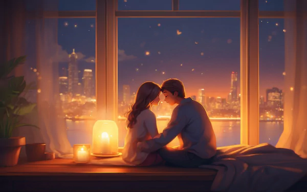 Romantic HD wallpaper of a couple sharing an intimate moment by a candlelit window with a cityscape background, tagged as Soulmate.