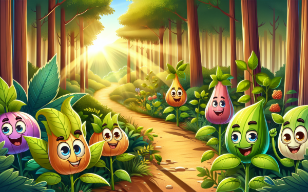 HD desktop wallpaper featuring a whimsical trail in a vibrant forest with cartoonish, smiling fruits and leaves on a sunny day.”