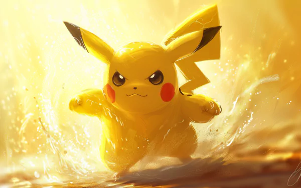 HD desktop wallpaper of Pikachu from Pokémon in dynamic action with electric sparks.