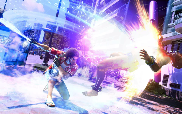 HD wallpaper of an action-packed scene from Like a Dragon: Infinite Wealth video game, featuring characters in a vibrant combat moment.