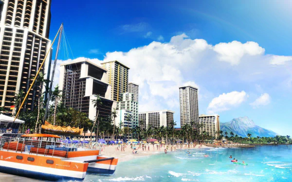 HD desktop wallpaper of a tropical cityscape from the video game Like a Dragon: Infinite Wealth, featuring high-rise buildings along a sunny beach with people and a boat.