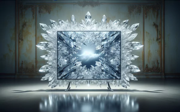 HD wallpaper of a futuristic TV with crystal-like embellishments on a vintage background for desktop.