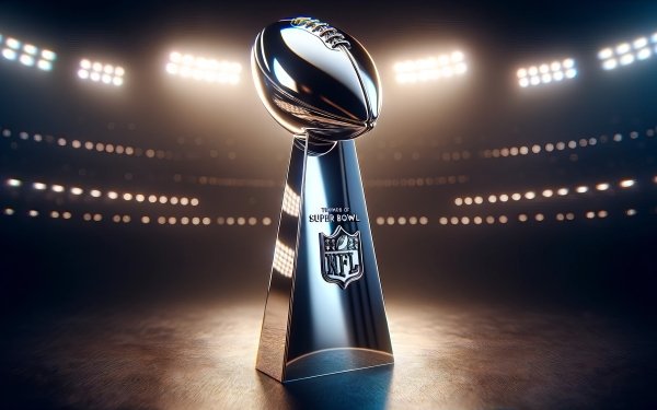 Super Bowl trophy illuminated under the spotlight symbolizing NFL football championship victory, ideal for HD sports-themed desktop wallpaper and background.