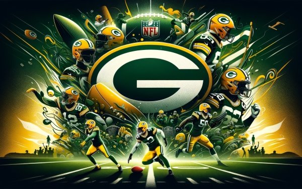 HD wallpaper featuring dynamic artwork of Green Bay Packers football players in action on the field with the iconic 'G' logo, celebrating the NFL and Super Bowl spirit.