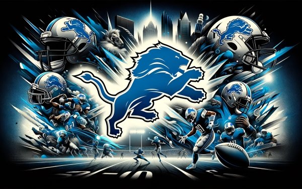 Dynamic Detroit Lions NFL wallpaper featuring vibrant illustrations of football players and helmets with team logo for sports fans' desktop background.