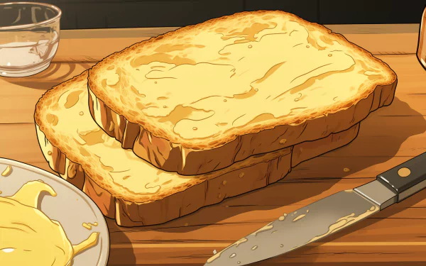 Buttered toast on a wooden table with knife and butter dish, HD breakfast-themed desktop wallpaper and background.