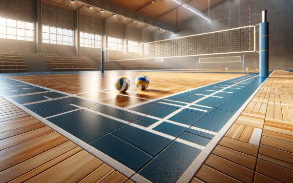 HD desktop wallpaper of an indoor volleyball court with two volleyballs on the floor, highlighting the sunlit wooden flooring and the volleyball net.