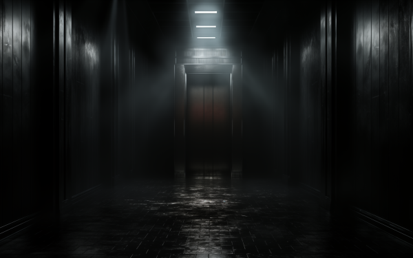 Spooky HD desktop wallpaper featuring a dimly lit elevator at the end of a dark, eerie corridor with ambient lighting.