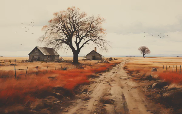 Rustic ranch landscape with dirt road and farmhouse HD desktop wallpaper