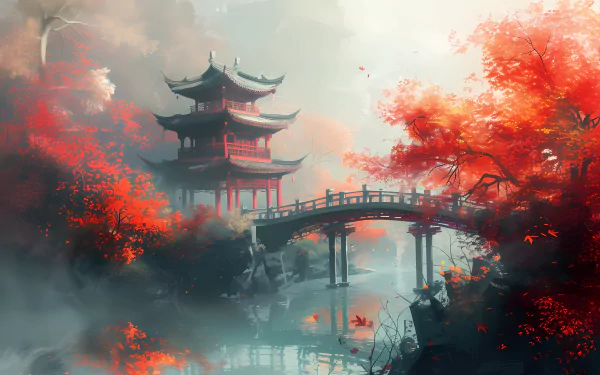 HD wallpaper featuring a serene misty autumn scene in Japan with vibrant red leaves, a traditional pagoda, and an arched bridge over a calm river.