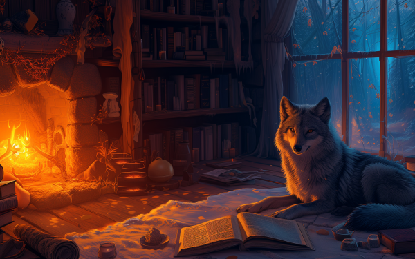HD wallpaper featuring a mystical wolf sitting inside a cozy, book-filled room with a warm fireplace and a night view through the window.