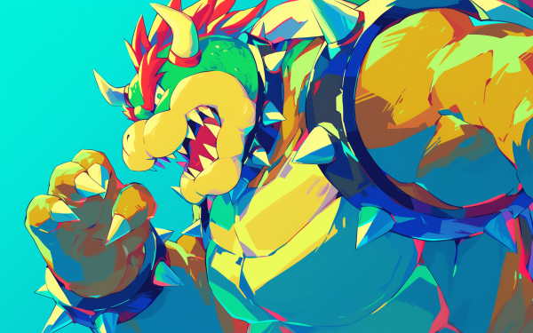 HD desktop wallpaper featuring a vibrant illustration of Bowser, the classic villain from the Super Mario series, set against a dynamic blue background.