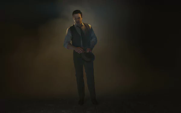 HD wallpaper featuring a mysterious character from the video game Alone in the Dark (2024) standing in a shadowy, smoke-filled environment.