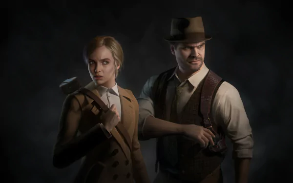 HD wallpaper featuring characters from the 2024 video game Alone in the Dark, a woman and man poised for action against a dark, mysterious backdrop.