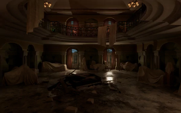 HD wallpaper of a dimly lit, abandoned interior scene from the 2024 video game Alone in the Dark, showcasing eerie atmospherics typical of the game's setting.