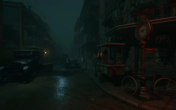 HD desktop wallpaper featuring a dimly lit, eerie street scene from the 2024 Alone in the Dark video game with vintage cars and a foggy atmosphere.